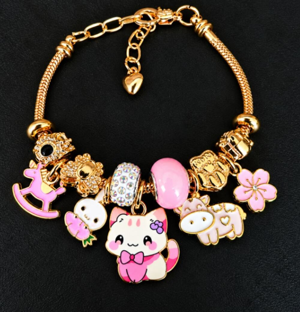 Cartoon Themed Charm Bracelet Animals Beads and More Enamel and Gold Tone Metal